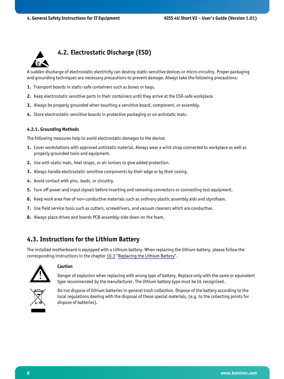 Electrostatic discharge (esd), Grounding methods, Instructions for the lithium battery | Kontron KISS 4U Short KTQ67Flex User Manual | Page 10 / 49