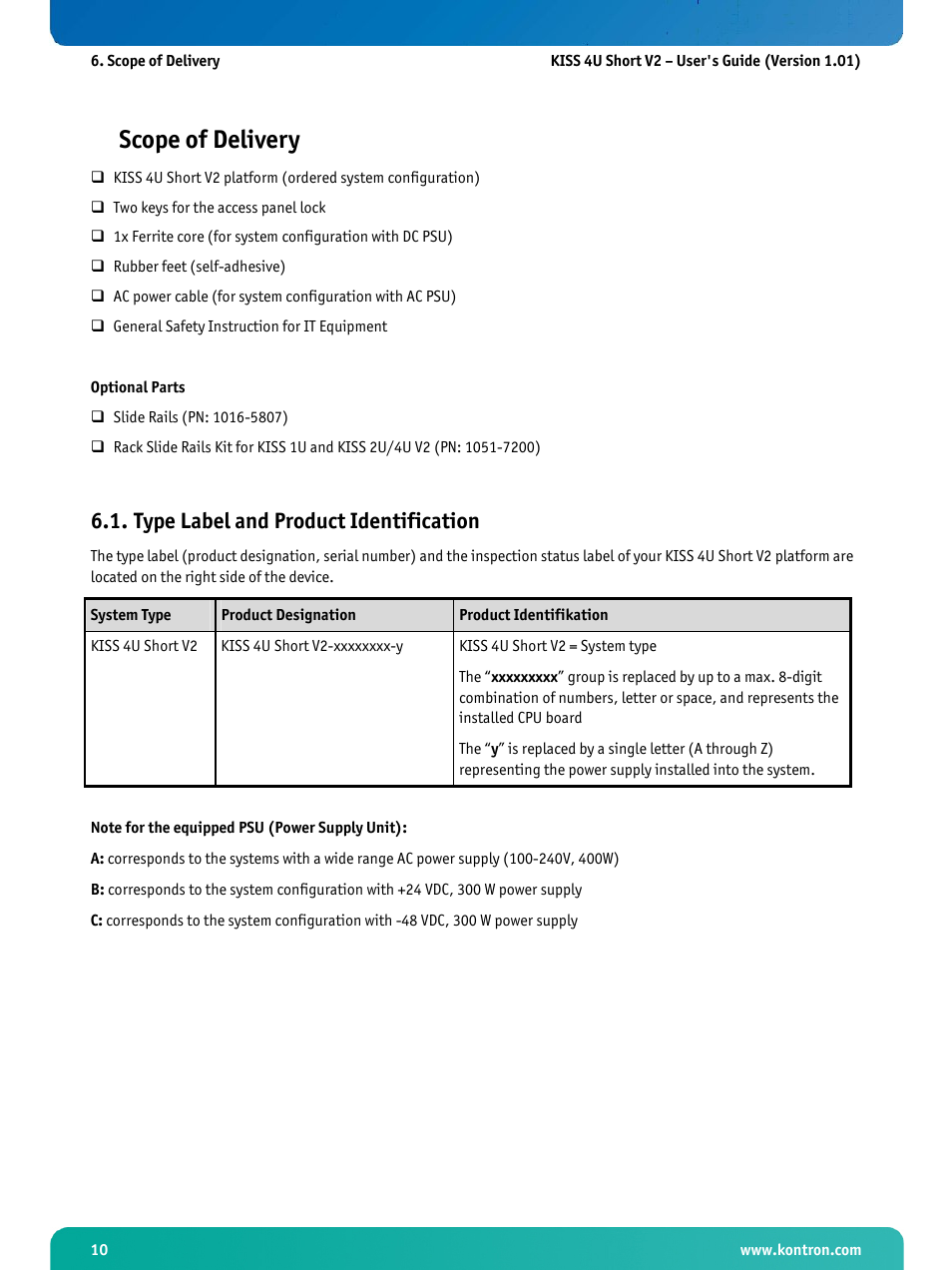 Scope of delivery, Type label and product identification | Kontron KISS 4U Short KTQ67Flex User Manual | Page 12 / 49