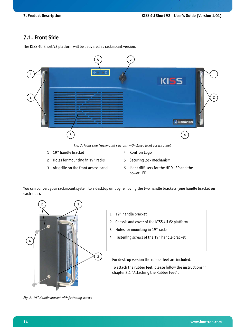 Front side, Fig. 8: 19” handle bracket with fastening screws | Kontron KISS 4U Short KTQ67Flex User Manual | Page 16 / 49