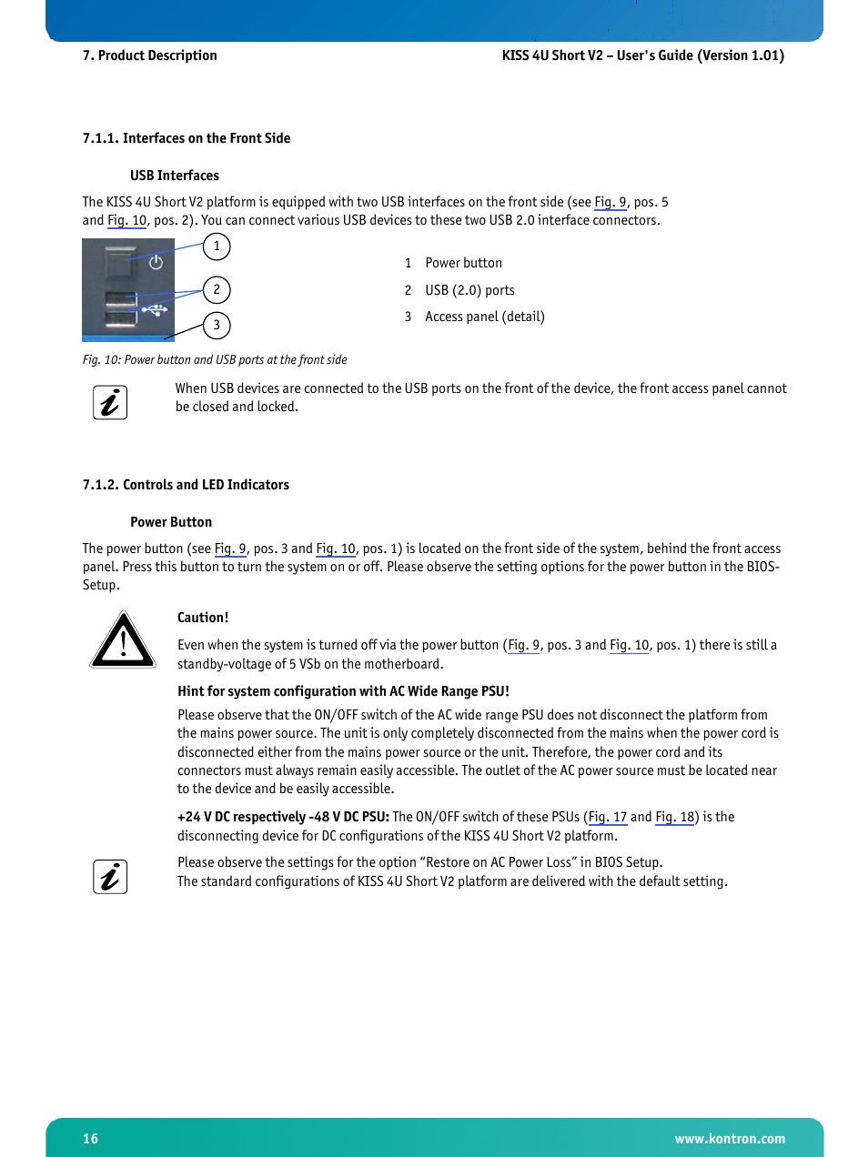 Interfaces on the front side, Controls and led indicators | Kontron KISS 4U Short KTQ67Flex User Manual | Page 18 / 49