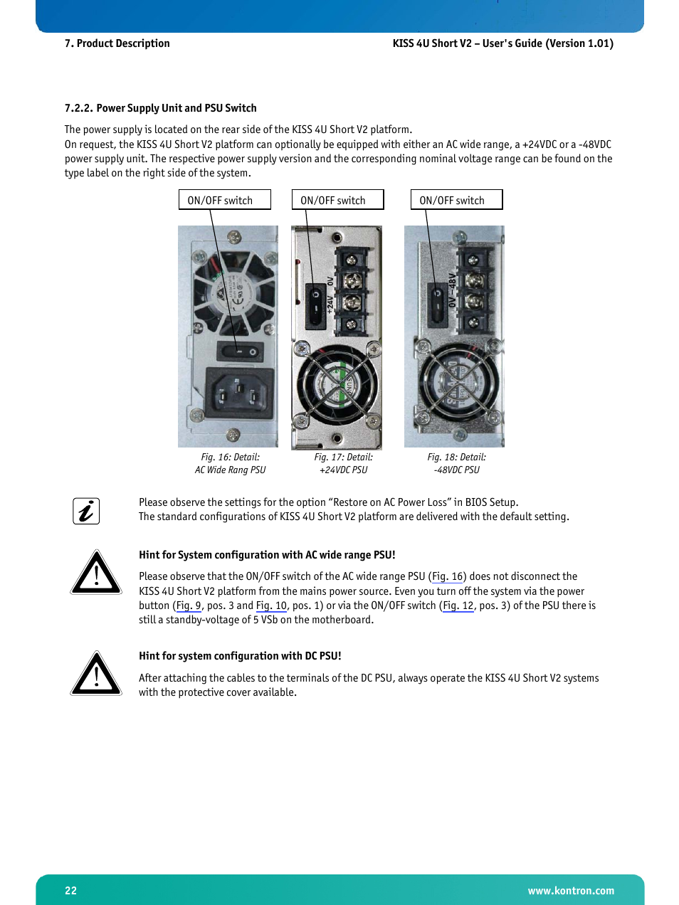 Power supply unit and psu switch, Fig. 16: detail: ac wide rang psu, Fig. 17: detail: +24vdc psu | Fig. 18: detail: -48vdc psu, Fig. 17 and fig. 18 | Kontron KISS 4U Short KTQ67Flex User Manual | Page 24 / 49