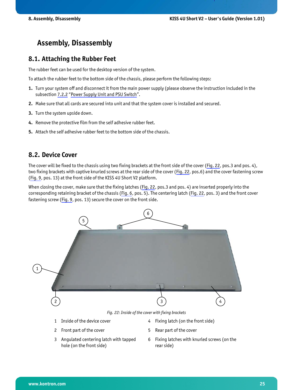 Assembly, disassembly, Attaching the rubber feet, Device cover | Fig. 22: inside of the cover with fixing brackets | Kontron KISS 4U Short KTQ67Flex User Manual | Page 27 / 49