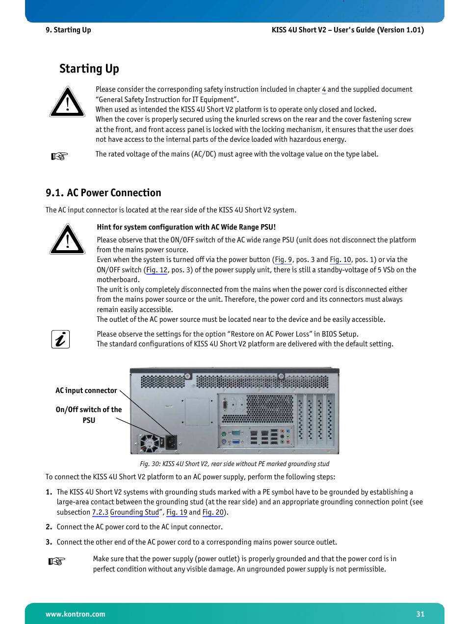 Starting up, Ac power connection | Kontron KISS 4U Short KTQ67Flex User Manual | Page 33 / 49