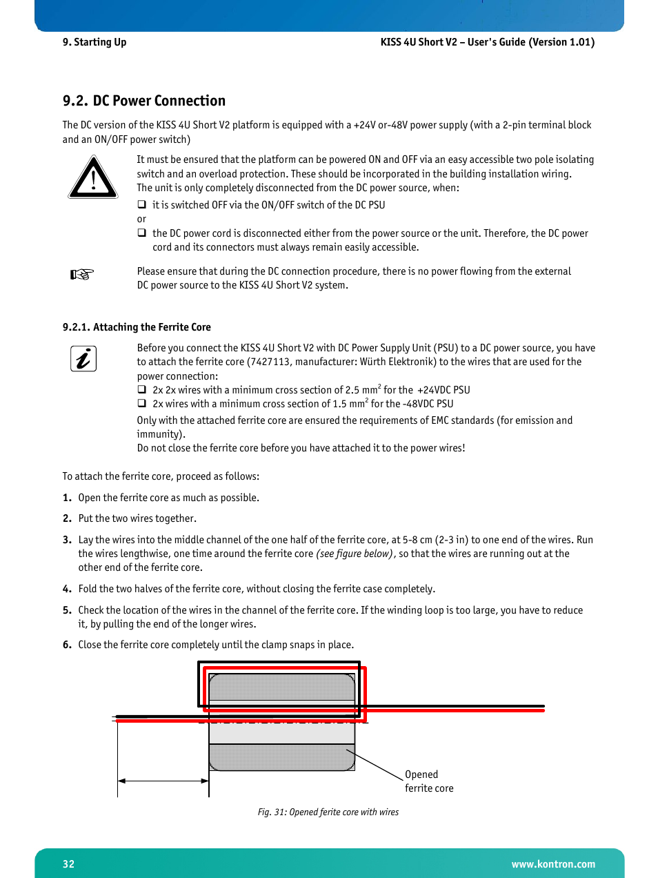 Dc power connection, Attaching the ferrite core, Fig. 31: opened ferite core with wires | Kontron KISS 4U Short KTQ67Flex User Manual | Page 34 / 49