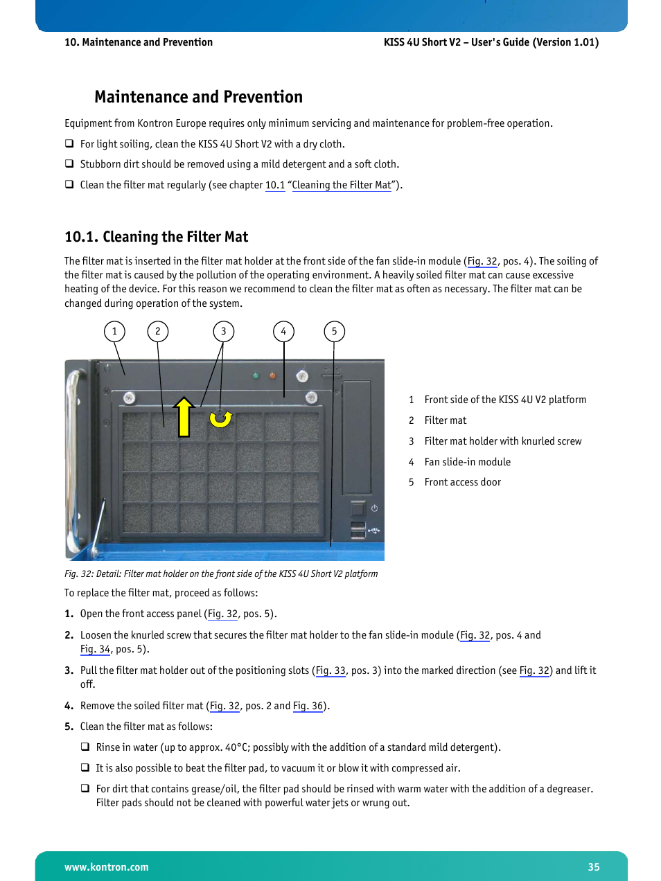Maintenance and prevention, Cleaning the filter mat | Kontron KISS 4U Short KTQ67Flex User Manual | Page 37 / 49