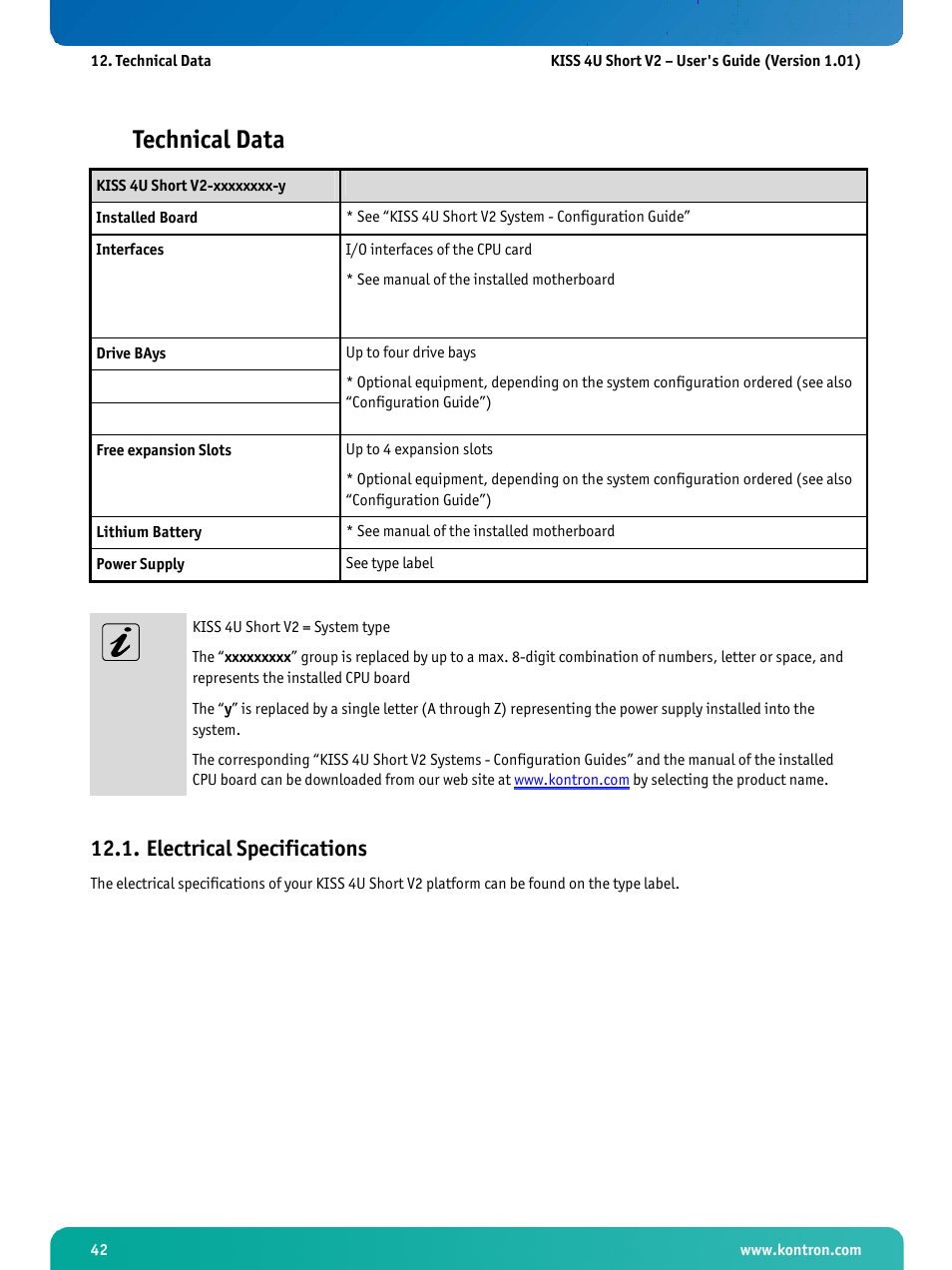 Technical data, Electrical specifications | Kontron KISS 4U Short KTQ67Flex User Manual | Page 44 / 49