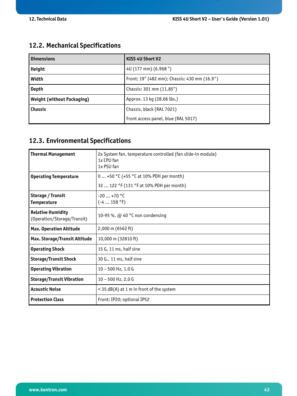 Mechanical specifications, Environmental specifications | Kontron KISS 4U Short KTQ67Flex User Manual | Page 45 / 49