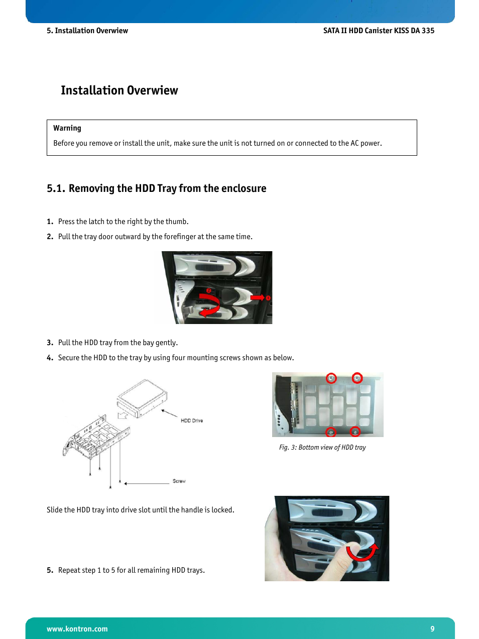 Installation overwiew, Removing the hdd tray from the enclosure | Kontron KISS DA335 User Manual | Page 10 / 10