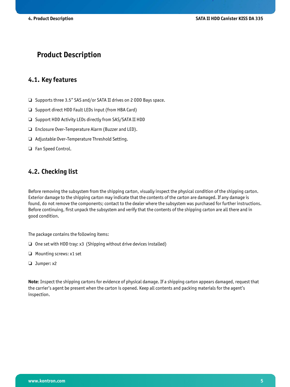 Product description, Key features, Checking list | Kontron KISS DA335 User Manual | Page 6 / 10