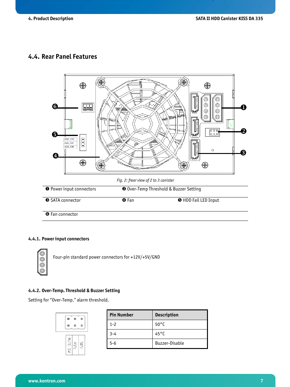 Rear panel features, Power input connectors, Over-temp. threshold & buzzer setting | Xy z | Kontron KISS DA335 User Manual | Page 8 / 10