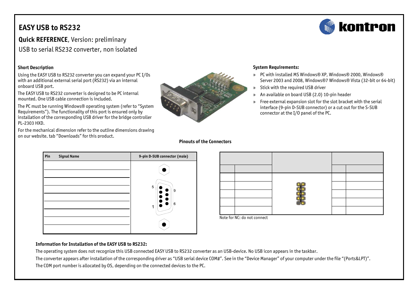 Kontron EASY USB to RS232 User Manual | 1 page