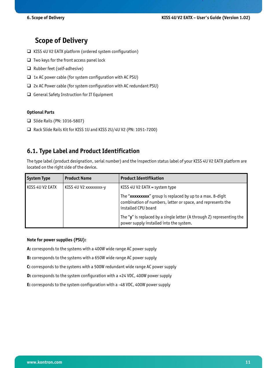 Scope of delivery, Type label and product identification | Kontron KISS 4U X9DR3 User Manual | Page 13 / 52