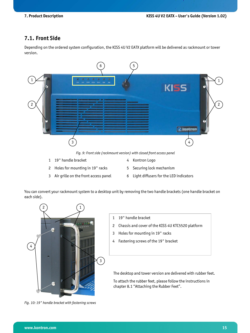 Front side, Fig. 10: 19" handle bracket with fastening screws | Kontron KISS 4U X9DR3 User Manual | Page 17 / 52