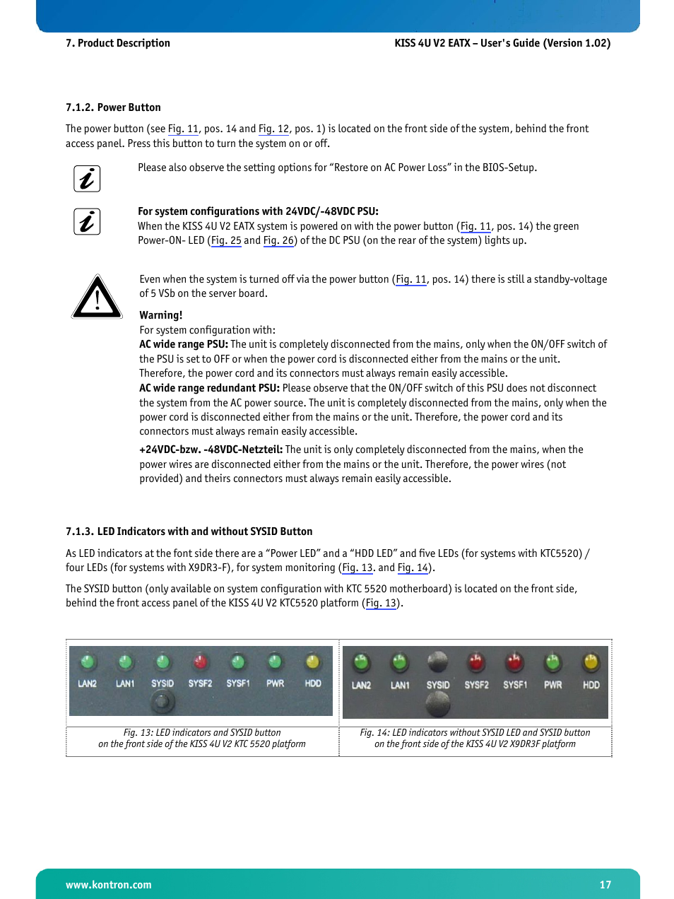 Power button, Led indicators with and without sysid button | Kontron KISS 4U X9DR3 User Manual | Page 19 / 52