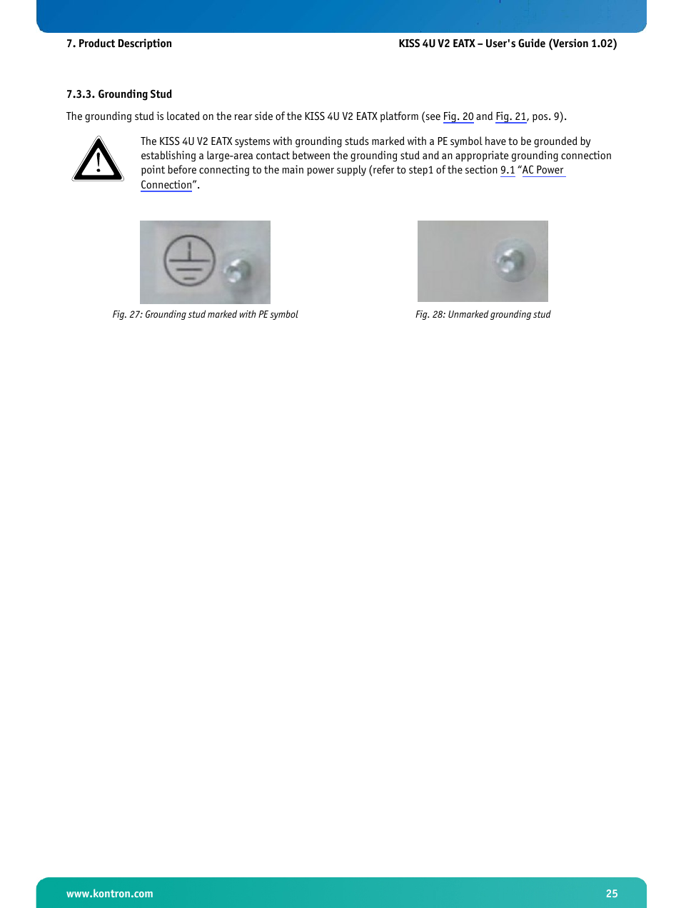 Grounding stud, Fig. 27: grounding stud marked with pe symbol, Fig. 28: unmarked grounding stud | Kontron KISS 4U X9DR3 User Manual | Page 27 / 52
