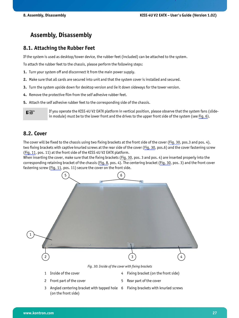 Assembly, disassembly, Attaching the rubber feet, Cover | Fig. 30: inside of the cover with fixing brackets | Kontron KISS 4U X9DR3 User Manual | Page 29 / 52