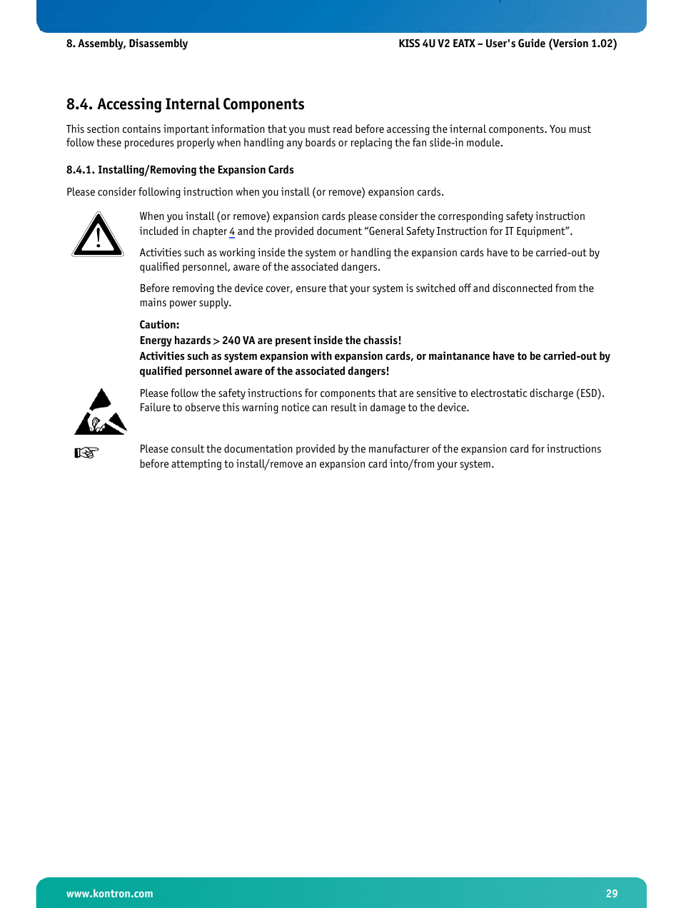 Accessing internal components, Installing/removing the expansion cards | Kontron KISS 4U X9DR3 User Manual | Page 31 / 52