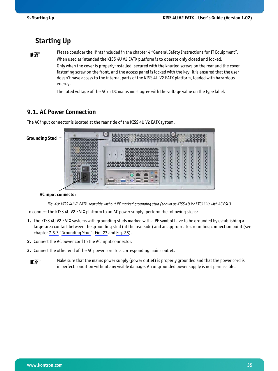 Starting up, Ac power connection | Kontron KISS 4U X9DR3 User Manual | Page 37 / 52