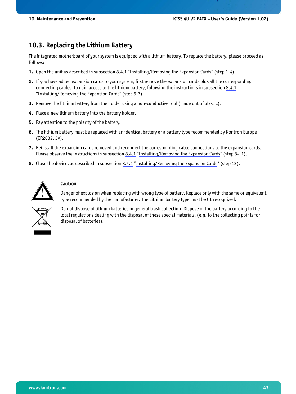 Replacing the lithium battery | Kontron KISS 4U X9DR3 User Manual | Page 45 / 52