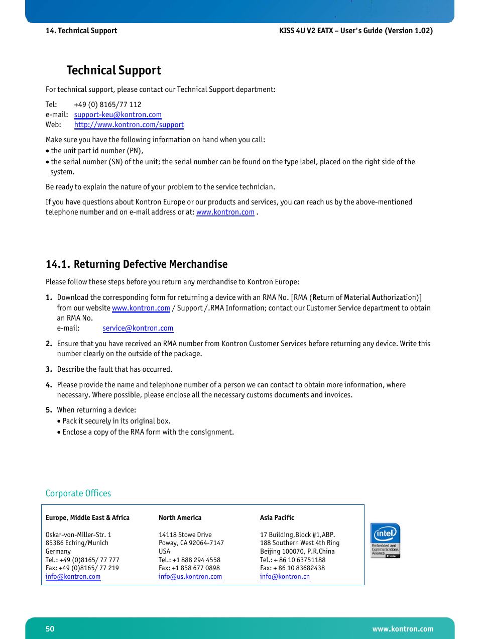 Technical support, Returning defective merchandise | Kontron KISS 4U X9DR3 User Manual | Page 52 / 52