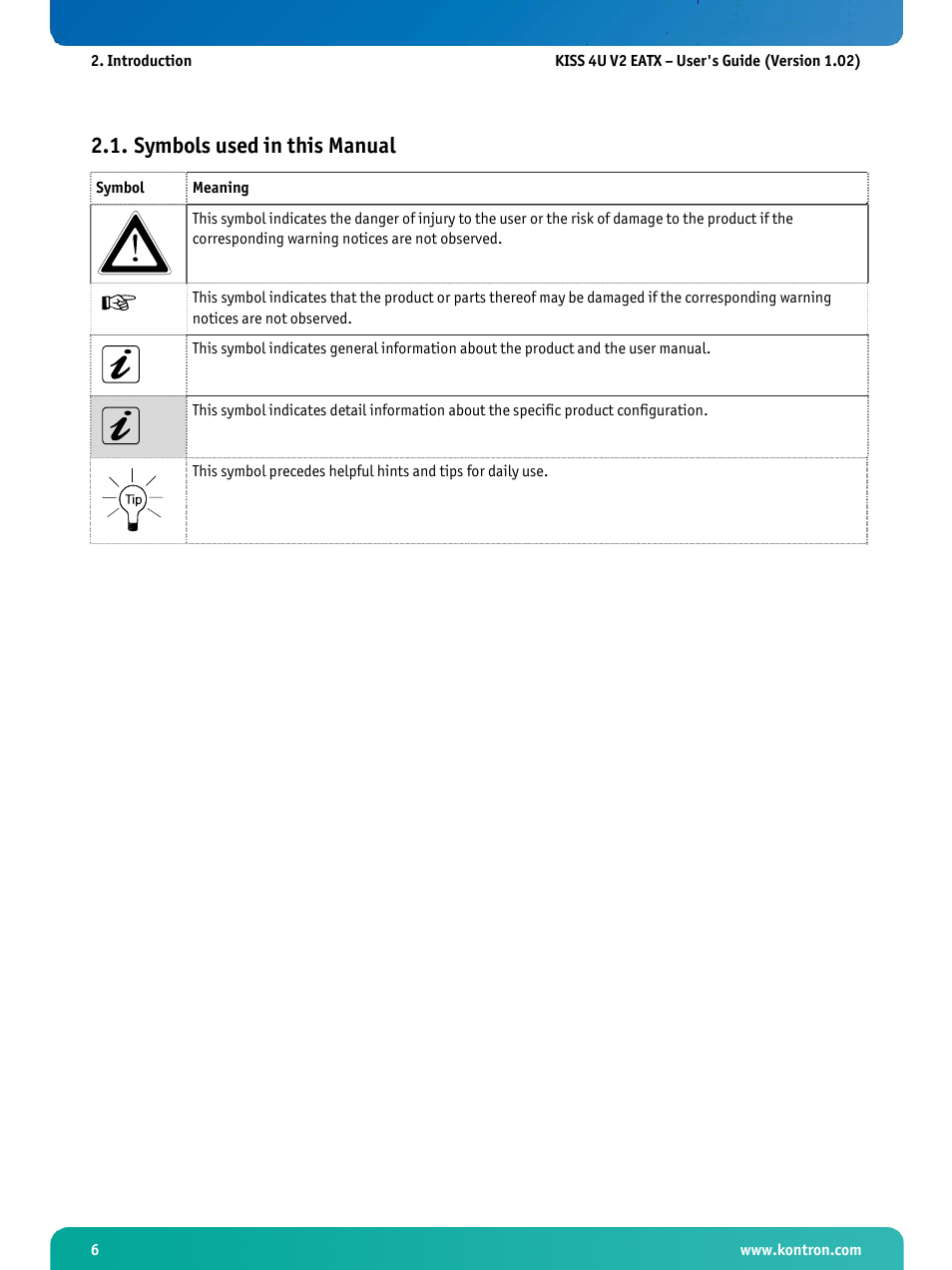 Symbols used in this manual | Kontron KISS 4U X9DR3 User Manual | Page 8 / 52