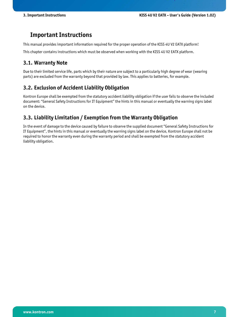 Important instructions, Warranty note, Exclusion of accident liability obligation | Kontron KISS 4U X9DR3 User Manual | Page 9 / 52
