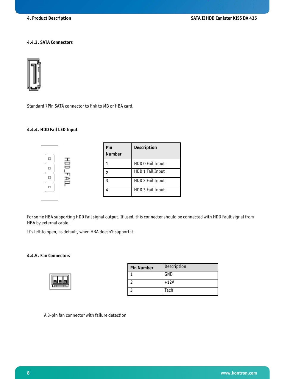 Sata connectors, Hdd fail led input, Fan connectors | Kontron KISS DA335 User Manual | Page 9 / 10