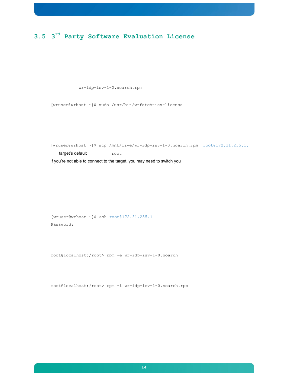 Party software evaluation license | Kontron M2M Smart Services Developer Kit Wind River Intelligent Device Platform User Manual | Page 14 / 31