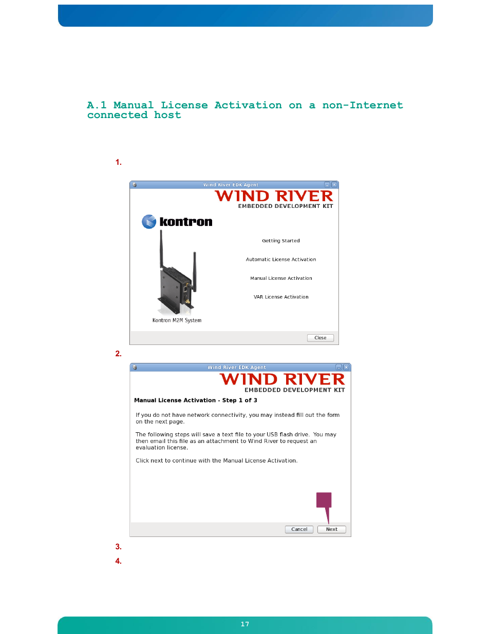 Appendix a: manual license activation | Kontron M2M Smart Services Developer Kit Wind River Intelligent Device Platform User Manual | Page 17 / 31