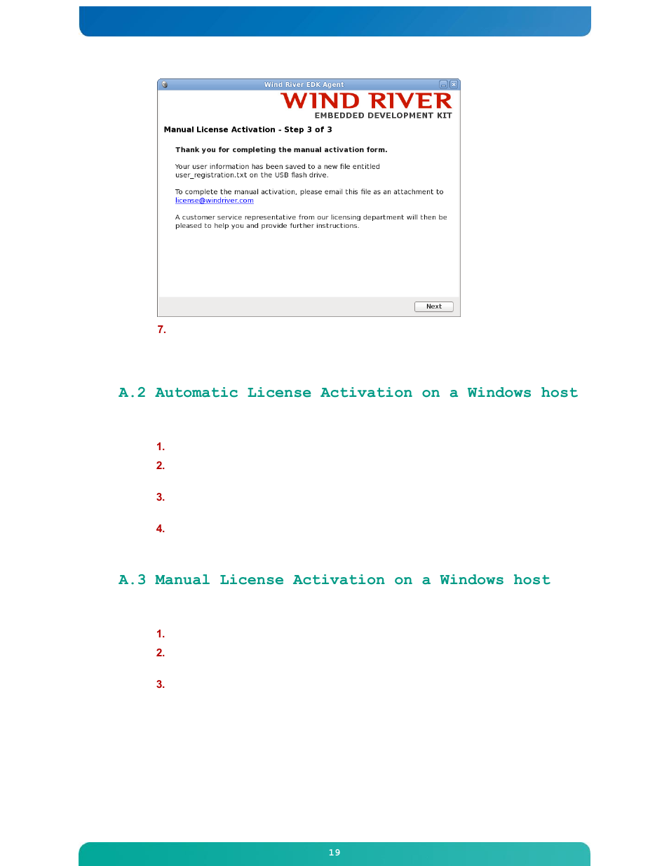 A.2 automatic license activation on a windows host, A.3 manual license activation on a windows host | Kontron M2M Smart Services Developer Kit Wind River Intelligent Device Platform User Manual | Page 19 / 31