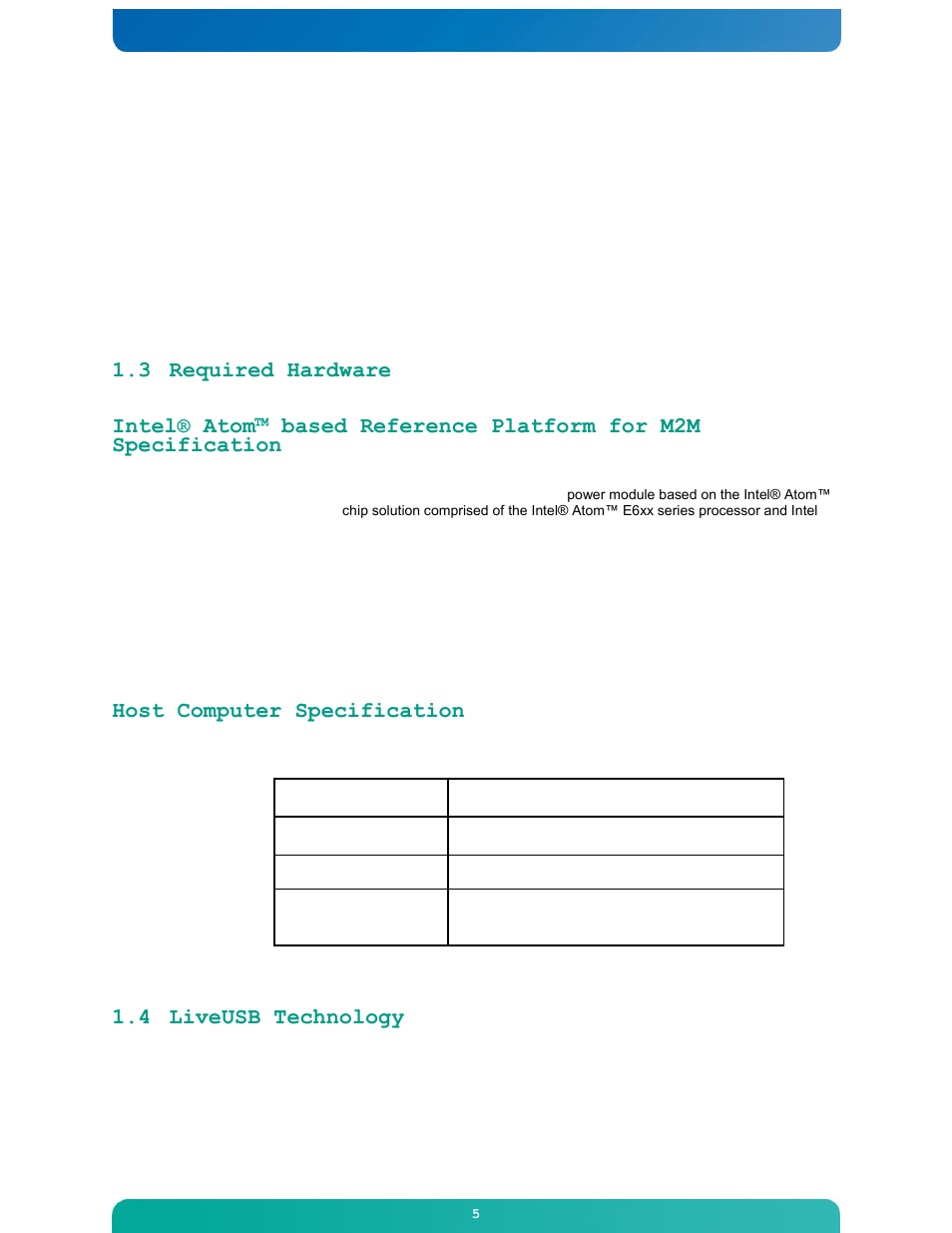 Host computer specification, 4 liveusb technology | Kontron M2M Smart Services Developer Kit Wind River Intelligent Device Platform User Manual | Page 5 / 31