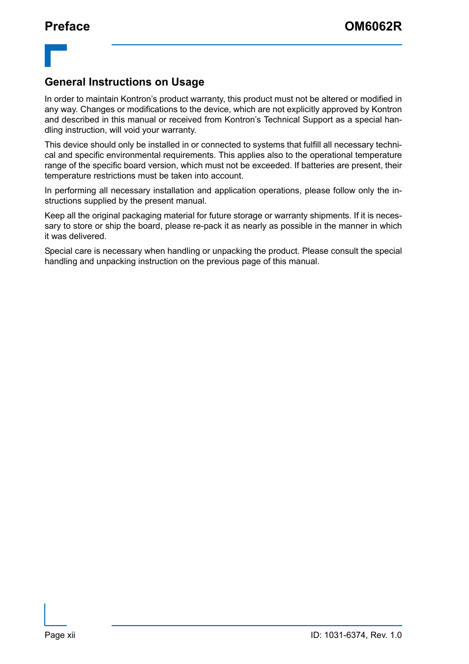 General instructions on usage, Preface om6062r | Kontron OM6062 User Manual | Page 12 / 46
