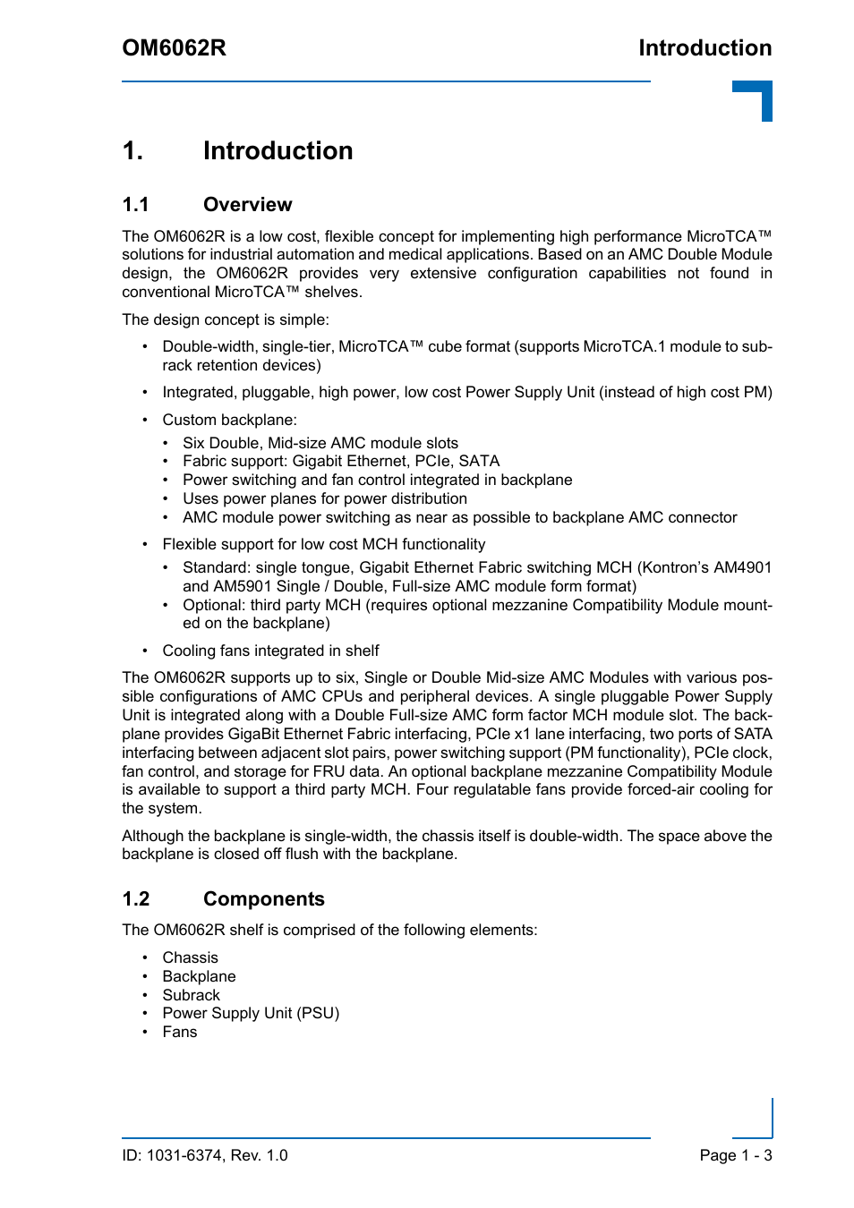 Introduction, 1 overview, 2 components | Introduction - 3, 1 overview - 3 1.2 components - 3, Om6062r introduction | Kontron OM6062 User Manual | Page 17 / 46