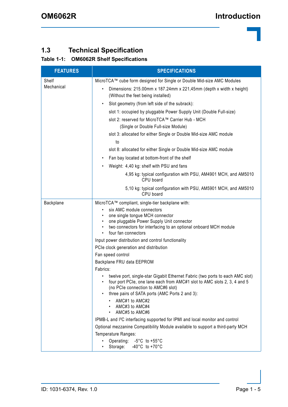 3 technical specification, 3 technical specification - 5, Om6062r shelf specifications - 5 | Om6062r introduction | Kontron OM6062 User Manual | Page 19 / 46