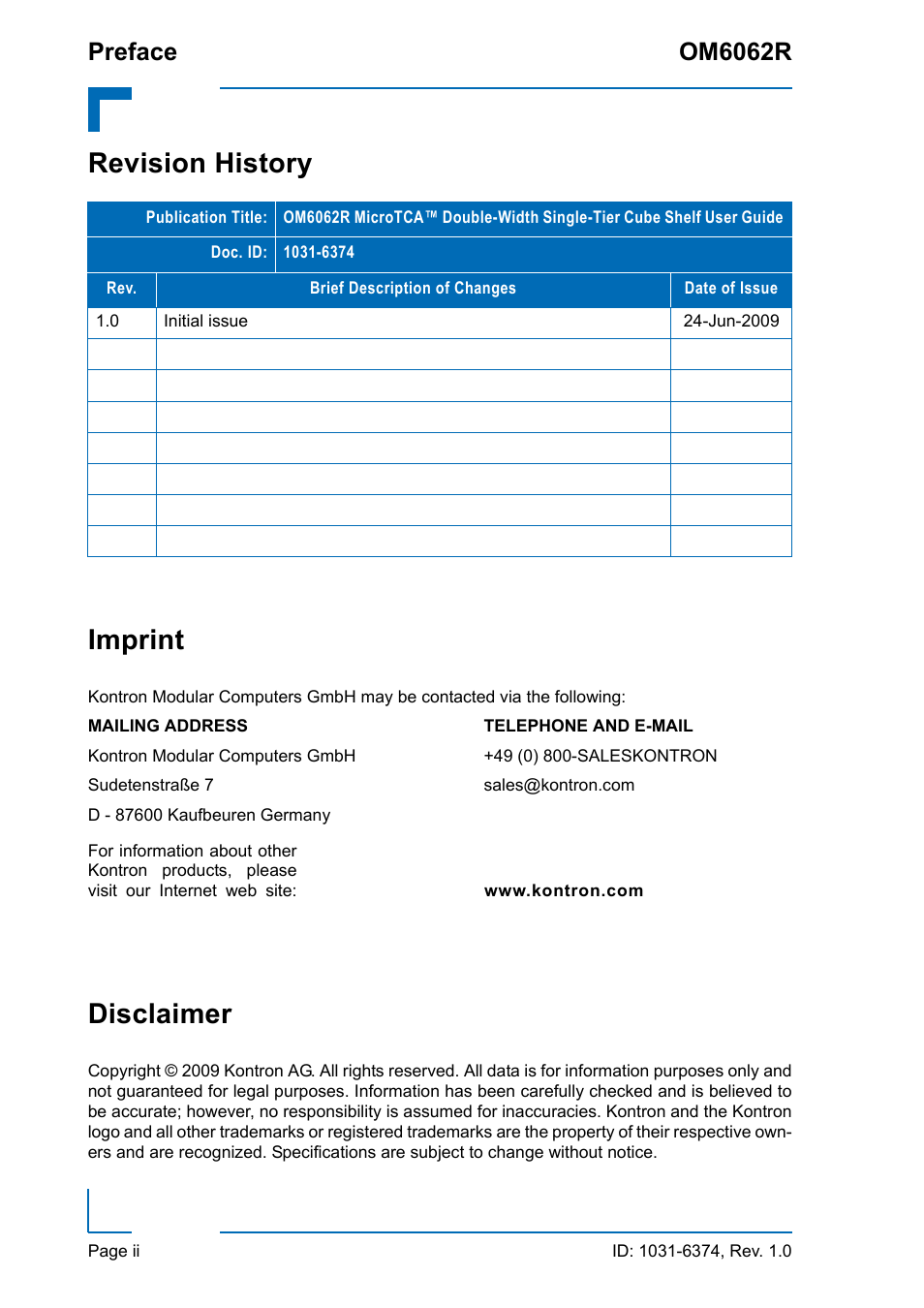 Revision history, Imprint, Disclaimer | Revision history imprint, Preface om6062r | Kontron OM6062 User Manual | Page 2 / 46