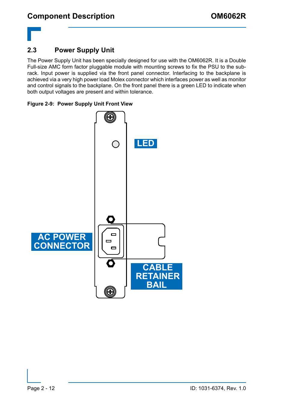 3 power supply unit, 3 power supply unit - 12, Power supply unit front view - 12 | Led cable retainer bail ac power connector | Kontron OM6062 User Manual | Page 34 / 46