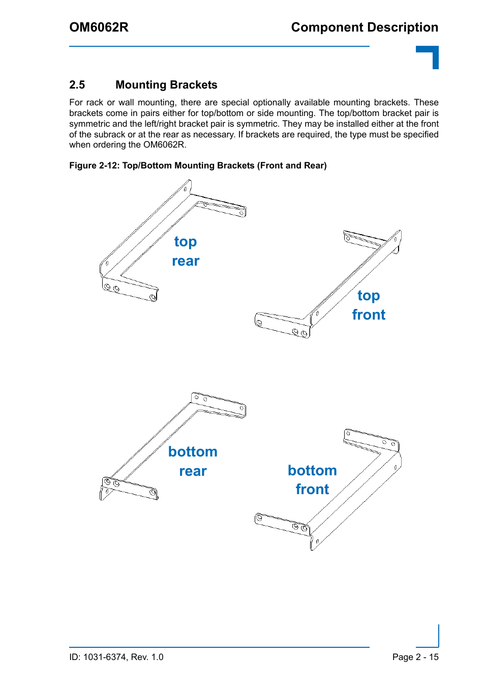 5 mounting brackets, 5 mounting brackets - 15, Front top front bottom rear bottom rear top | Kontron OM6062 User Manual | Page 37 / 46