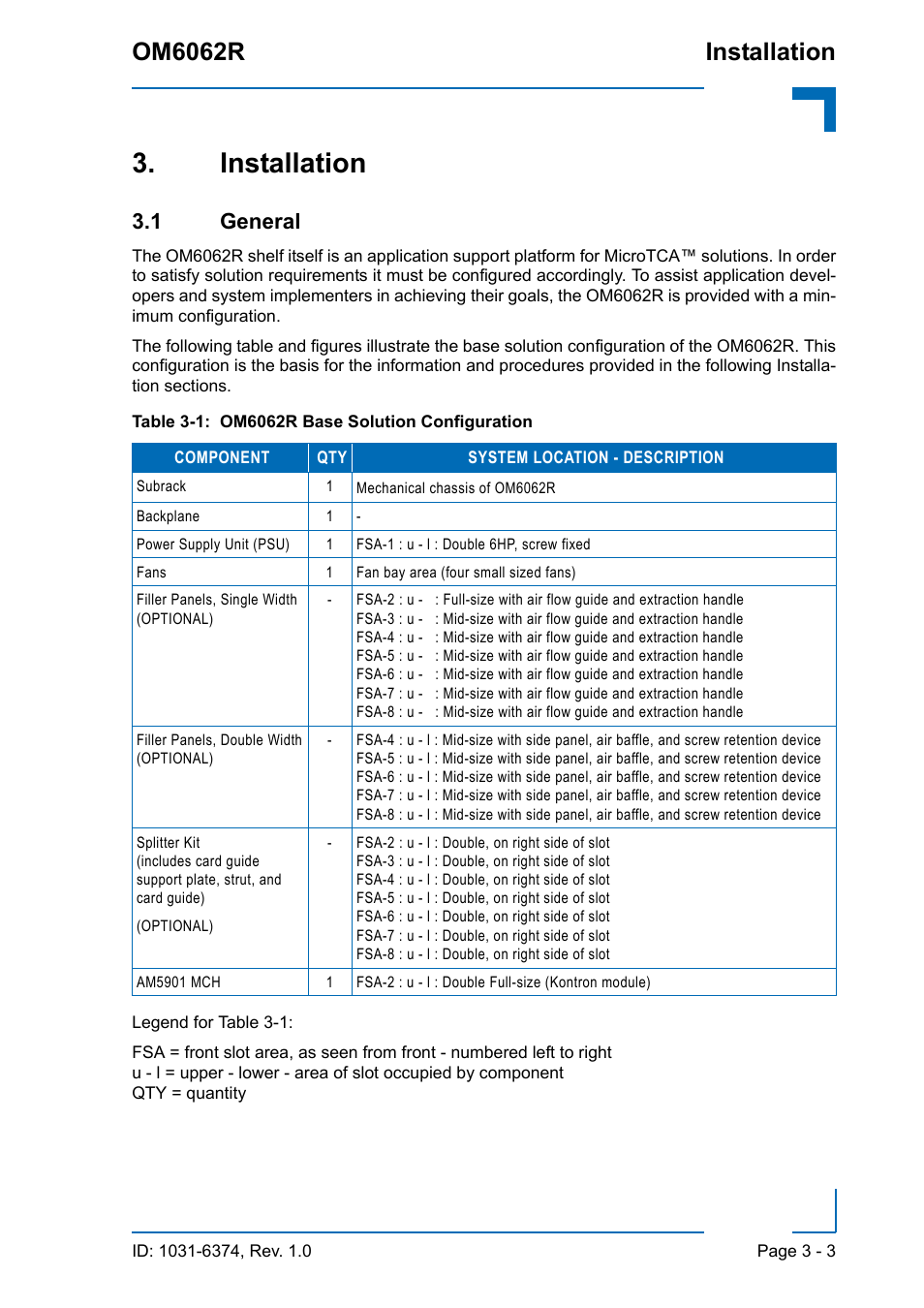 Installation, 1 general, Installation - 3 | 1 general - 3, Om6062r base solution configuration - 3, Om6062r installation | Kontron OM6062 User Manual | Page 41 / 46