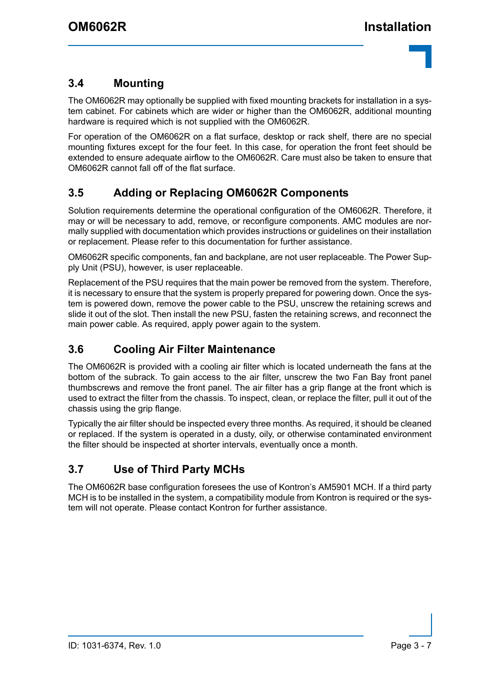 4 mounting, 5 adding or replacing om6062r components, 6 cooling air filter maintenance | 7 use of third party mchs, Om6062r installation | Kontron OM6062 User Manual | Page 45 / 46