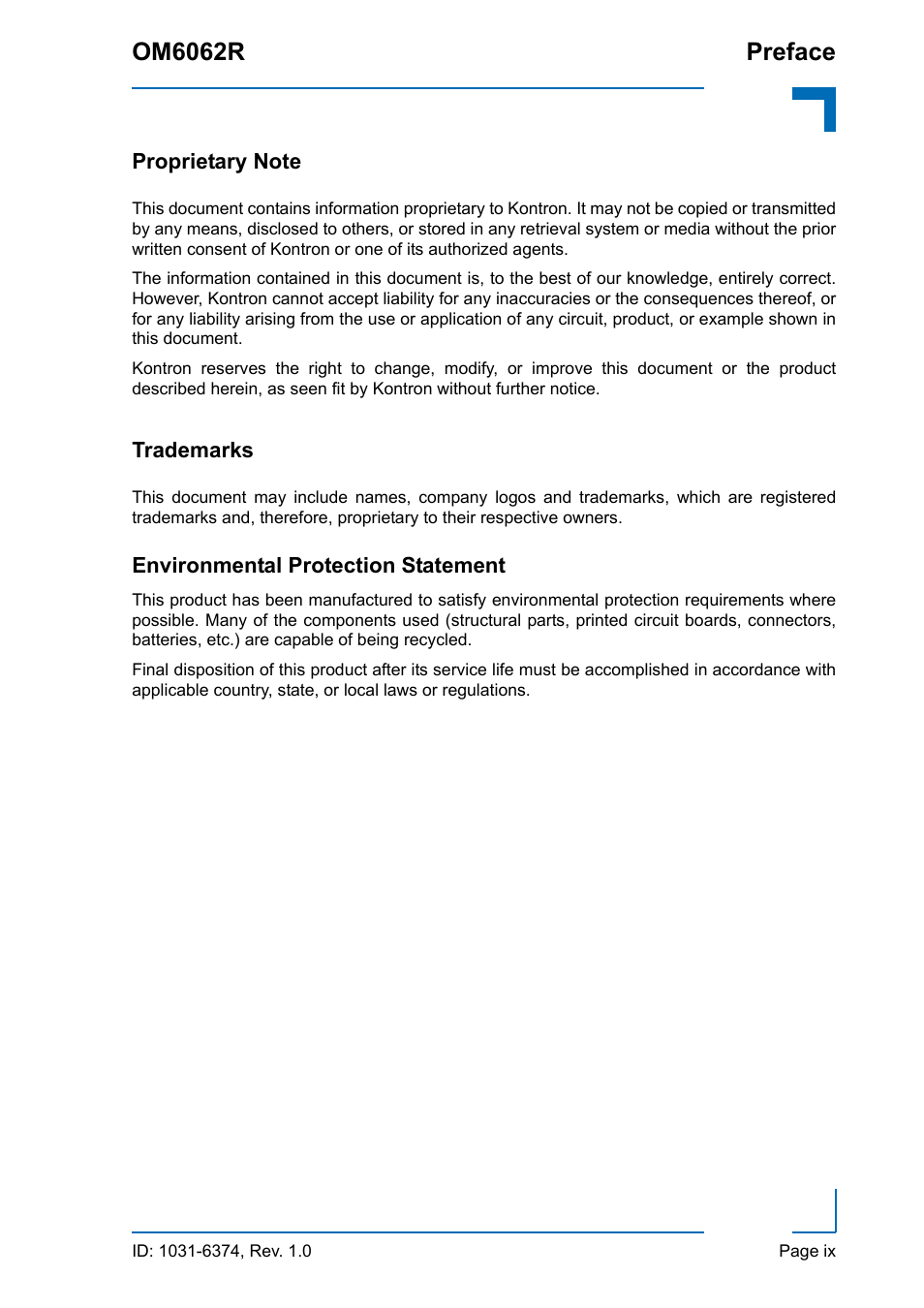 Proprietary note, Trademarks, Environmental protection statement | Om6062r preface | Kontron OM6062 User Manual | Page 9 / 46