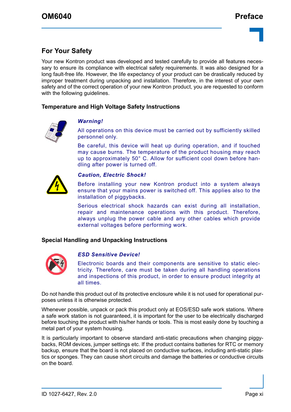 For your safety, Temperature and high voltage safety instructions, Special handling and unpacking instructions | Om6040 preface | Kontron OM6040 Compact User Manual | Page 11 / 38