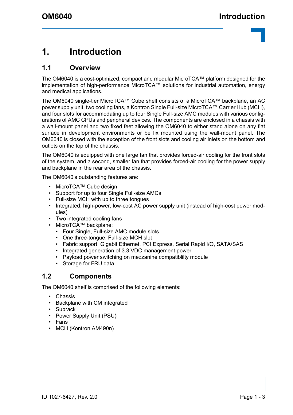 Introduction, 1 overview, 2 components | Introduction - 3, 1 overview - 3 1.2 components - 3, Introduction om6040 | Kontron OM6040 Compact User Manual | Page 17 / 38