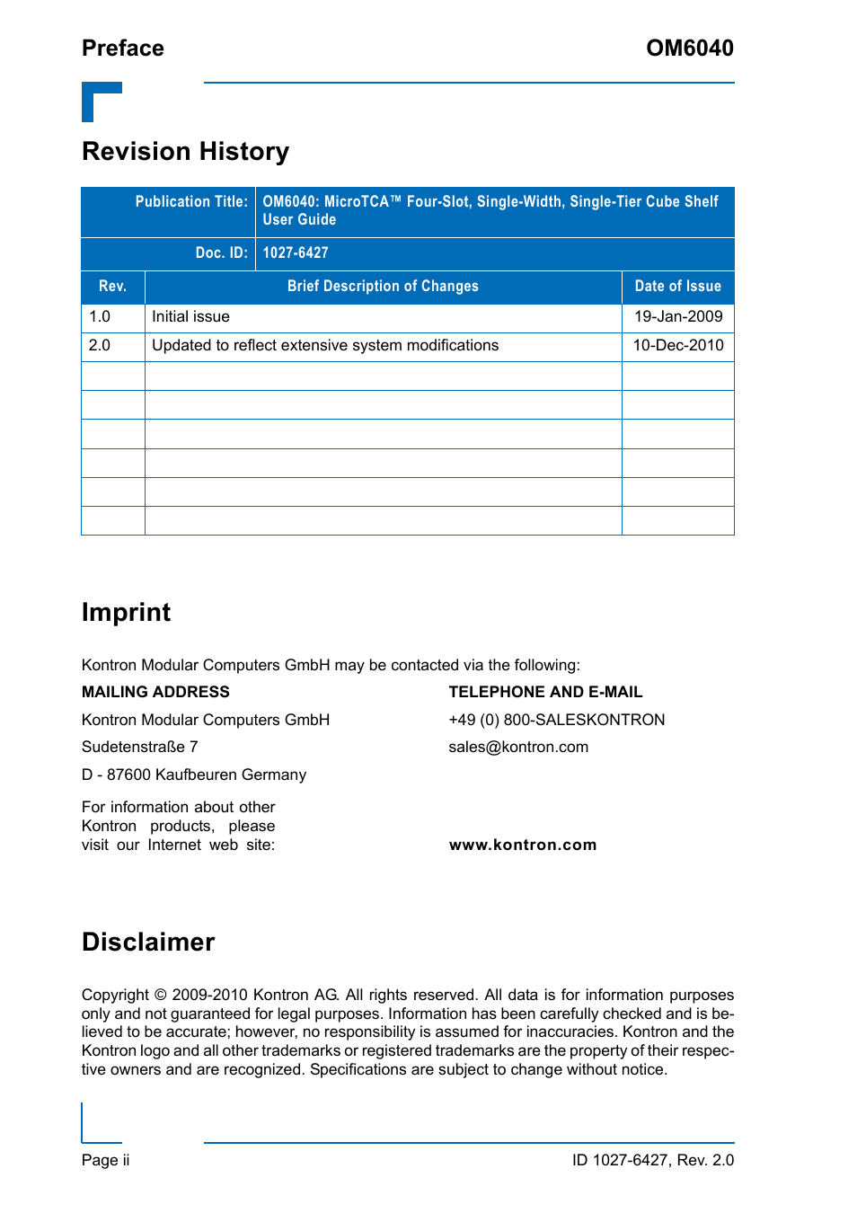 Revision history, Imprint, Disclaimer | Revision history imprint, Preface om6040 | Kontron OM6040 Compact User Manual | Page 2 / 38