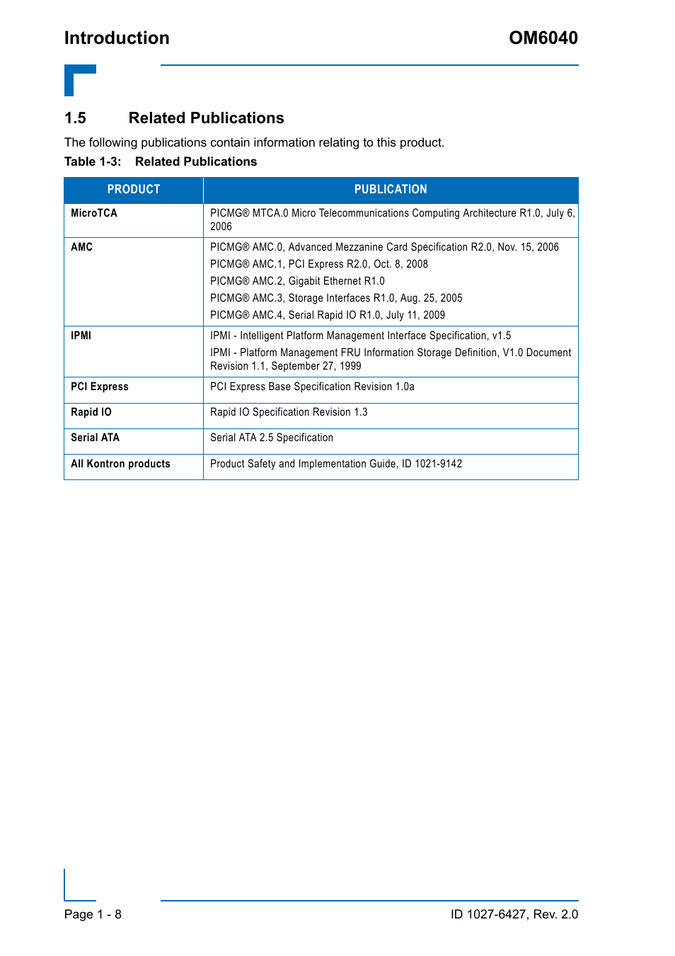 5 related publications, 5 related publications - 8, Related publications - 8 | Introduction om6040 | Kontron OM6040 Compact User Manual | Page 22 / 38