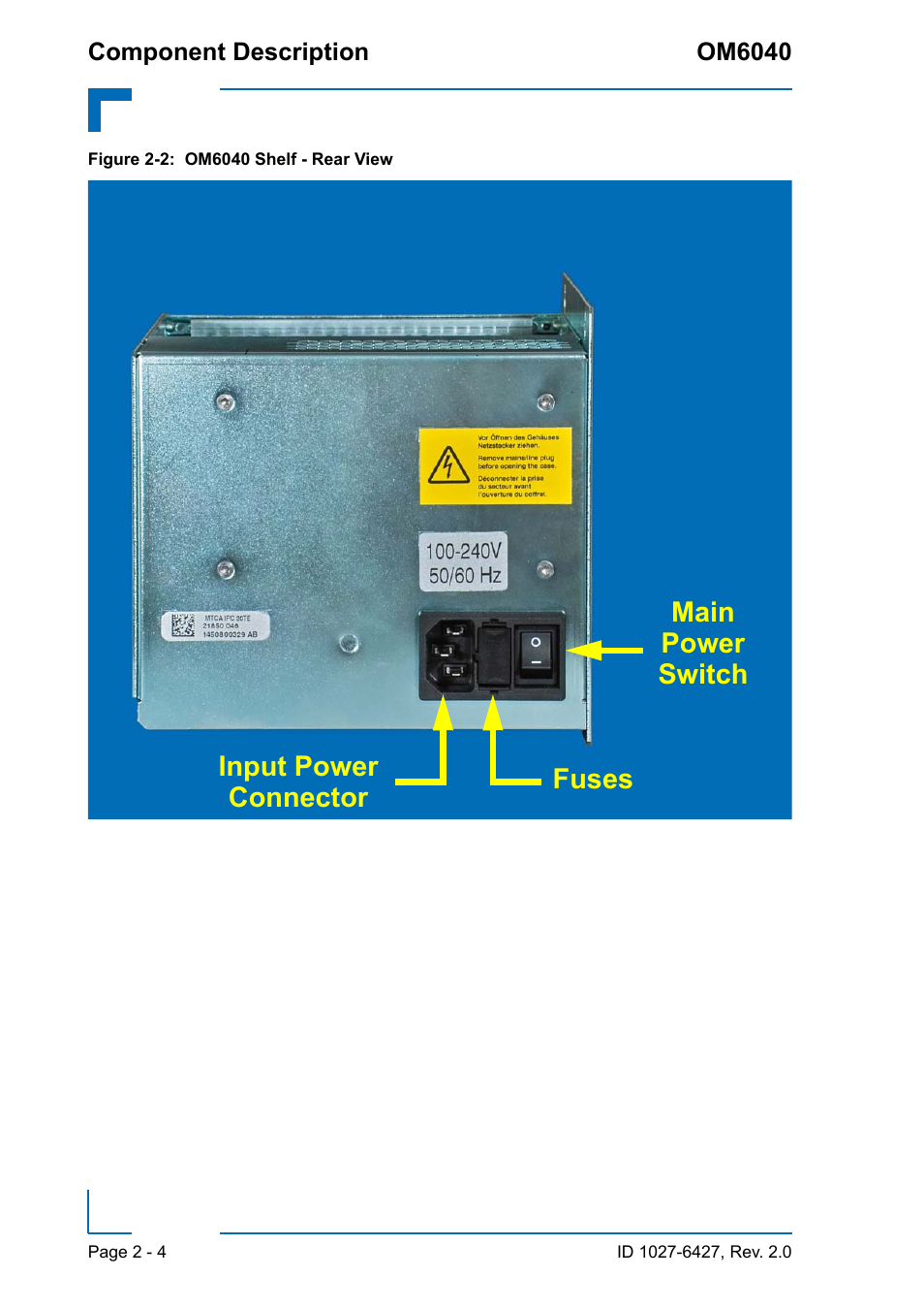 Om6040 shelf - rear view - 4, Input power connector fuses main power switch | Kontron OM6040 Compact User Manual | Page 26 / 38