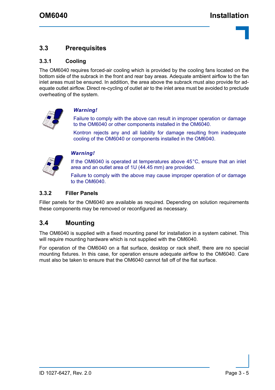 3 prerequisites, 1 cooling, 2 filler panels | 4 mounting, 3 prerequisites - 5, Cooling - 5, Filler panels - 5, 4 mounting - 5, Installation om6040 | Kontron OM6040 Compact User Manual | Page 37 / 38