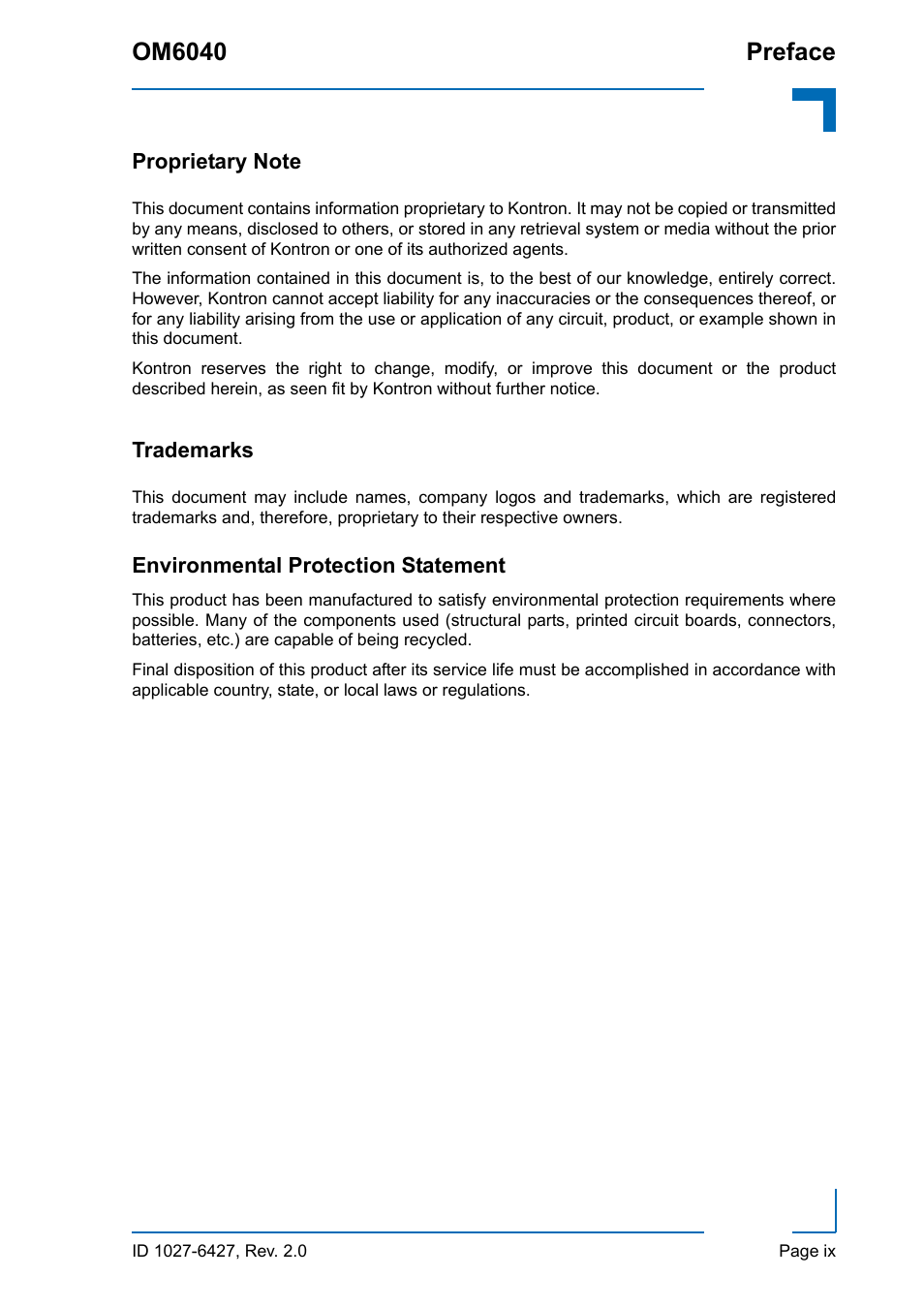 Proprietary note, Trademarks, Environmental protection statement | Om6040 preface | Kontron OM6040 Compact User Manual | Page 9 / 38