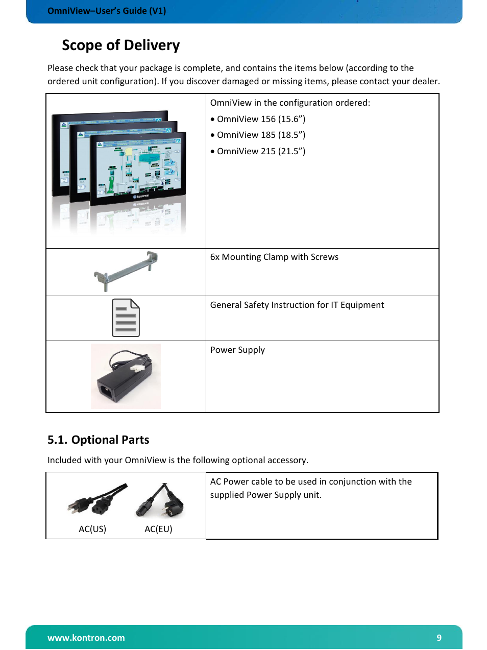 Scope of delivery, Optional parts | Kontron OmniView User Manual | Page 10 / 35