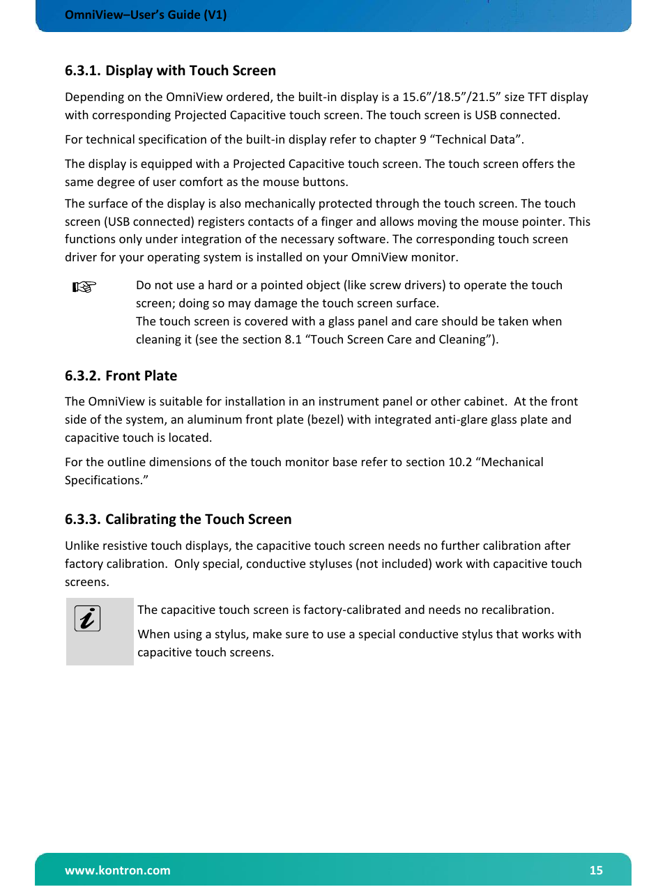Display with touch screen, Front plate, Calibrating the touch screen | Kontron OmniView User Manual | Page 16 / 35