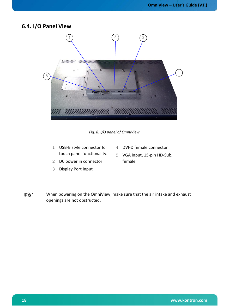I/o panel view | Kontron OmniView User Manual | Page 19 / 35
